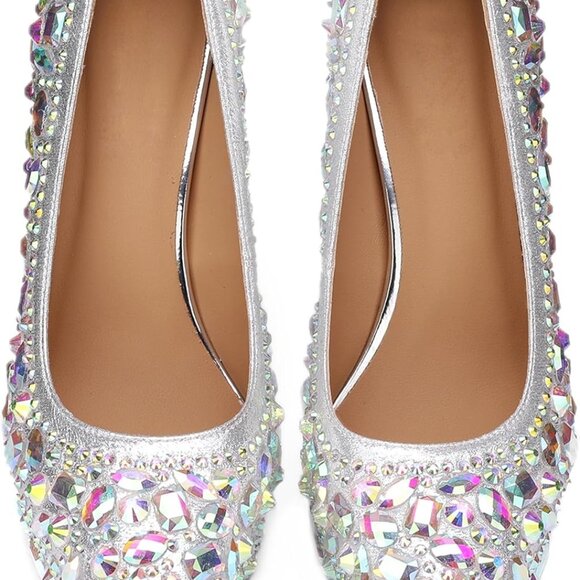 Platform Heels for Women Glitter Rhinestone Square Toe Chunky Pumps - Picture 5 of 6